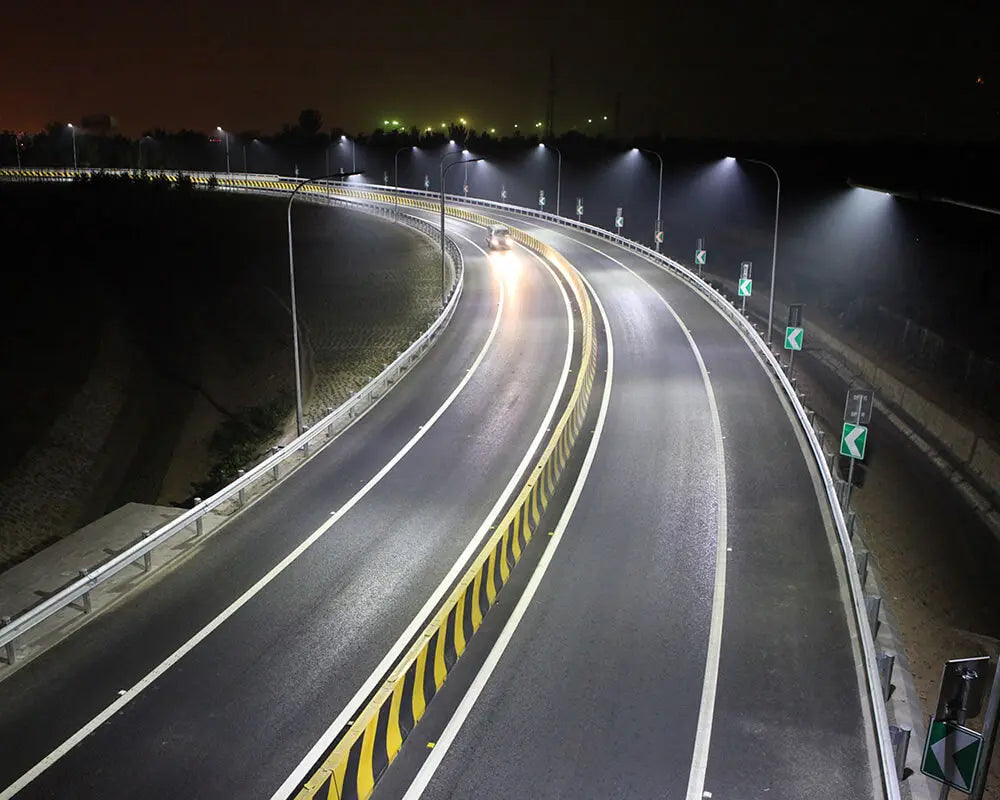 LED street lights pole mounted over elevated roadway