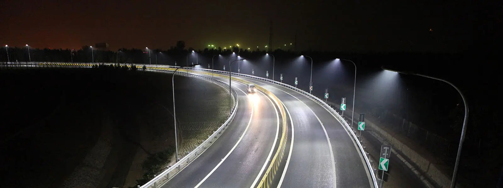 LED street lights pole mounted over elevated roadway